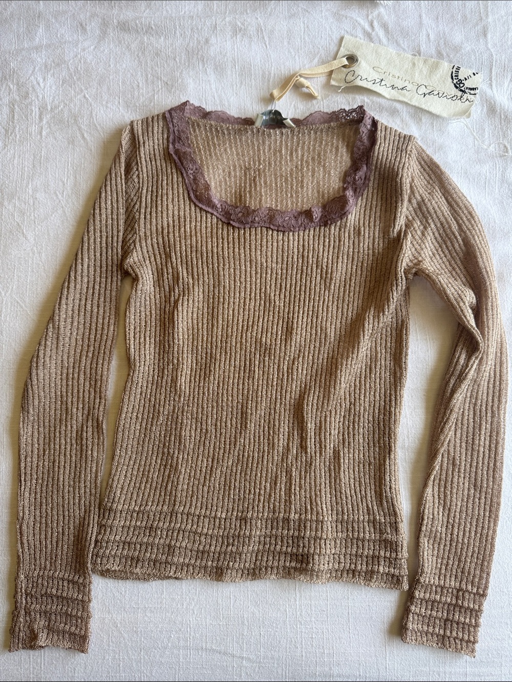 NWT Cristina Gavioli Italy Ribbed Lace Trim Knit Sweater Taupe Romantic Coquette